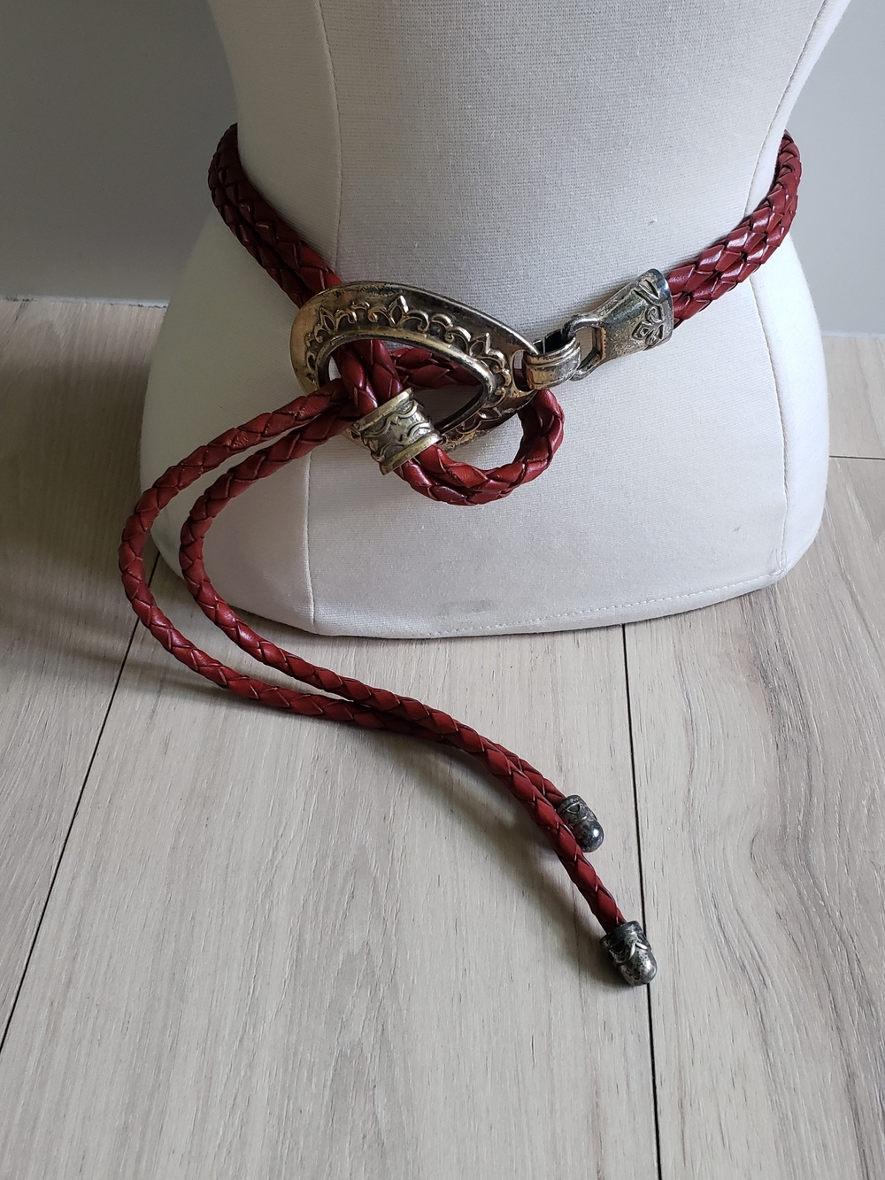 Vintage Braided Red Leather Sling Western Knot Belt Silver-Tone Hardware 1994